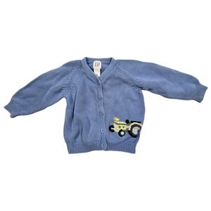 Baby Gap Toddler Boy Blue Cotton Knit Tractor Cardigan Sweater 2T 2 Years VTG